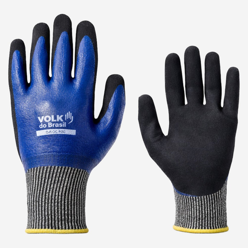 Luva de Proteção Anticorte e Química Tipo B HPPE com Banho Nitrílico Total Azul Preto TDM C Volk Cut Oil Full 10.19.042.50 CA 36848