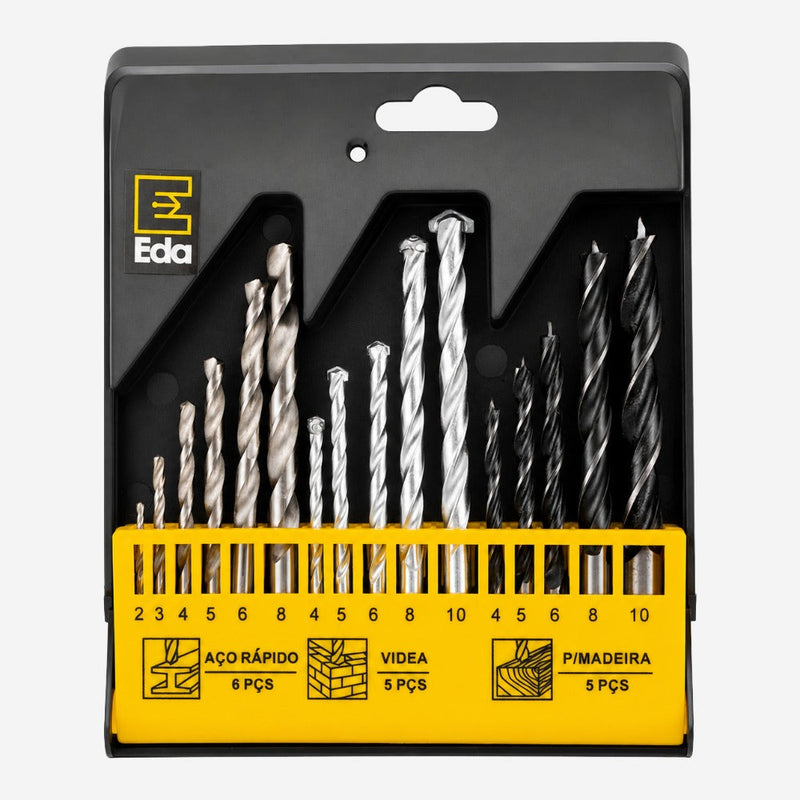 Jogo de Brocas 16 Peças para Metais, Madeira e Concreto Eda 9TG