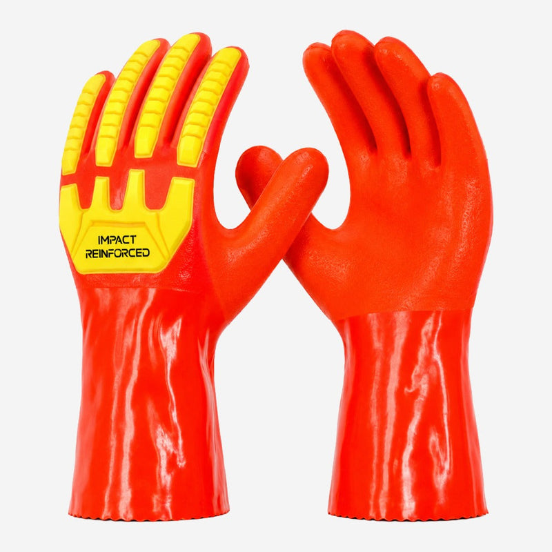 Luva de Proteção Anticorte Impacto Químicos e Calor PVC Para-Aramida TPR Fluorescente Áspera Cano 35cm Kalipso Impact Reinforced 128-001 CA 51130