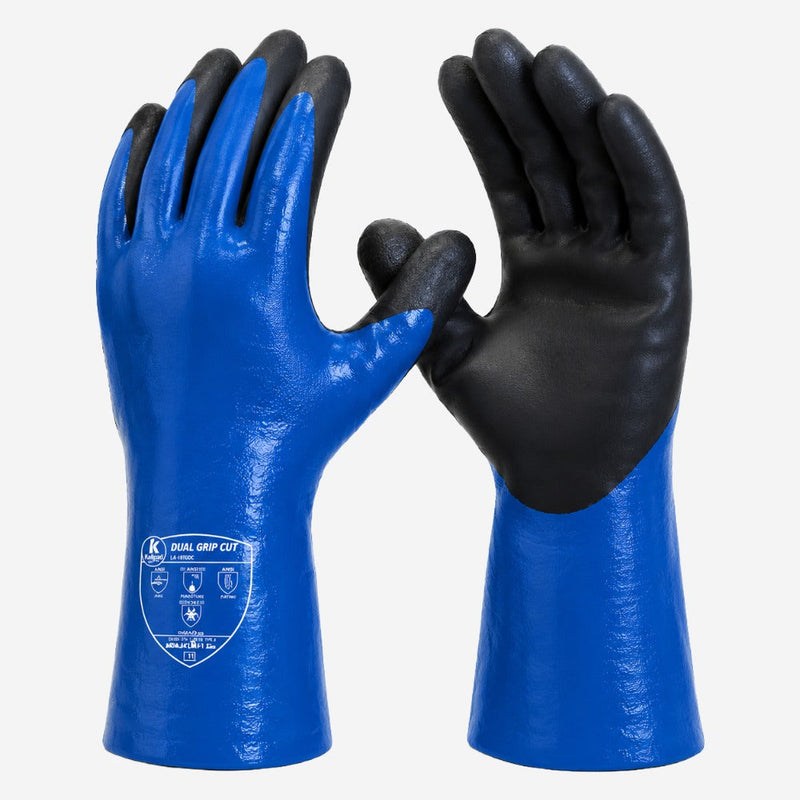 Luva de Proteção Anticorte e Produtos Químicos HPPE Poliamida Azul Preto Duplo Banho Nitrílico Micro Foam Kalipso Dual Grip Cut CA 50793